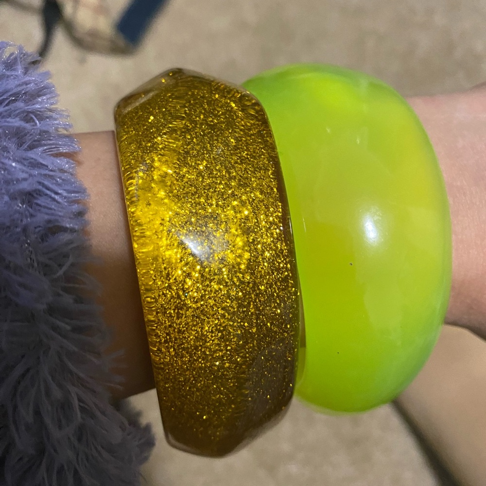 Glittery Gold and Neon Green big resin Bangle Set